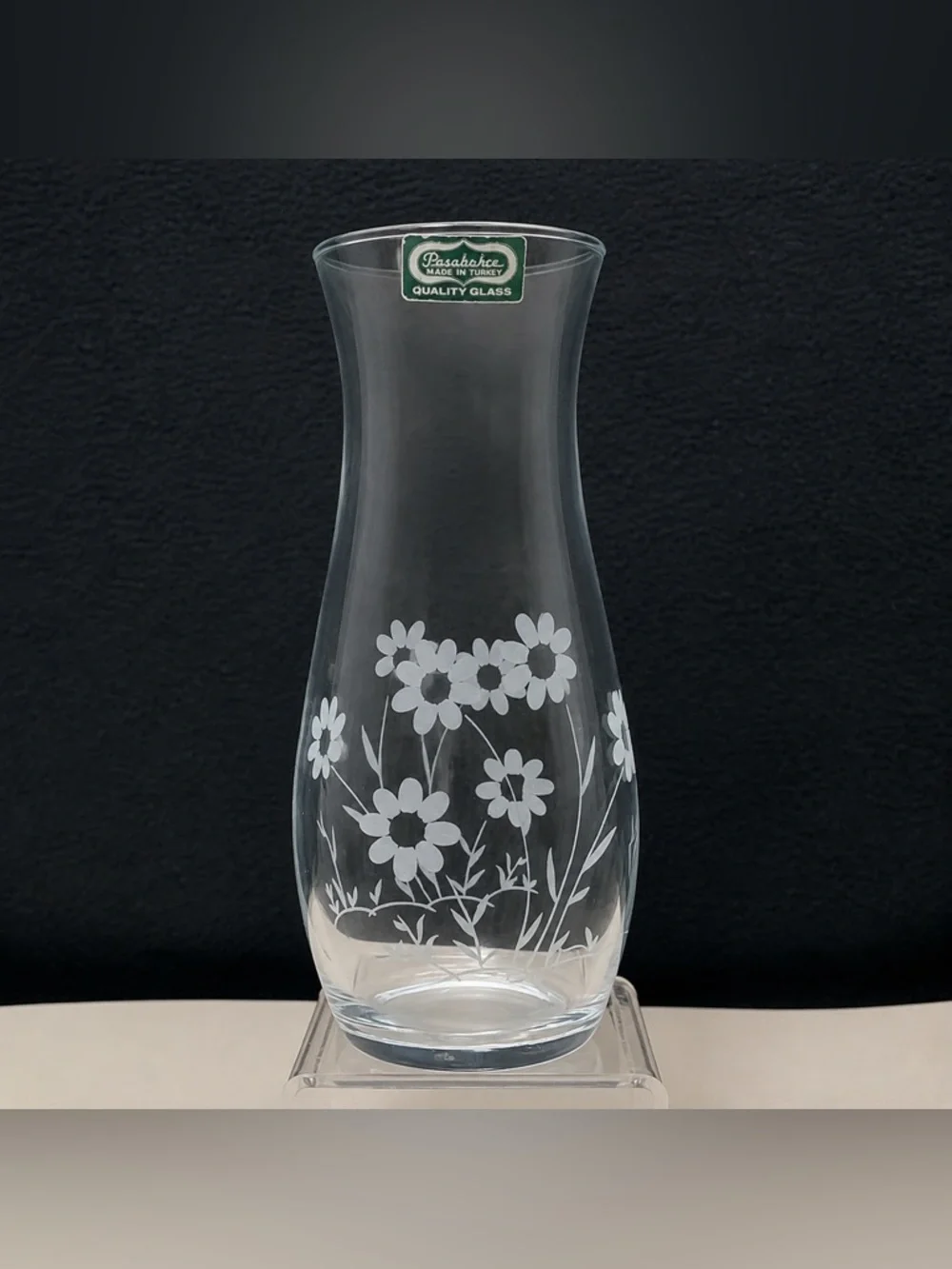 🔍 Vintage Paşabahçe Etched Daisy Floral Glass Vase Original Label Made in Turkey